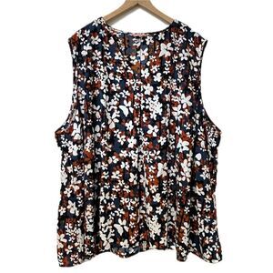 East Adeline Blue, Orange & White Floral Sleeveless Blouse - Size 5X